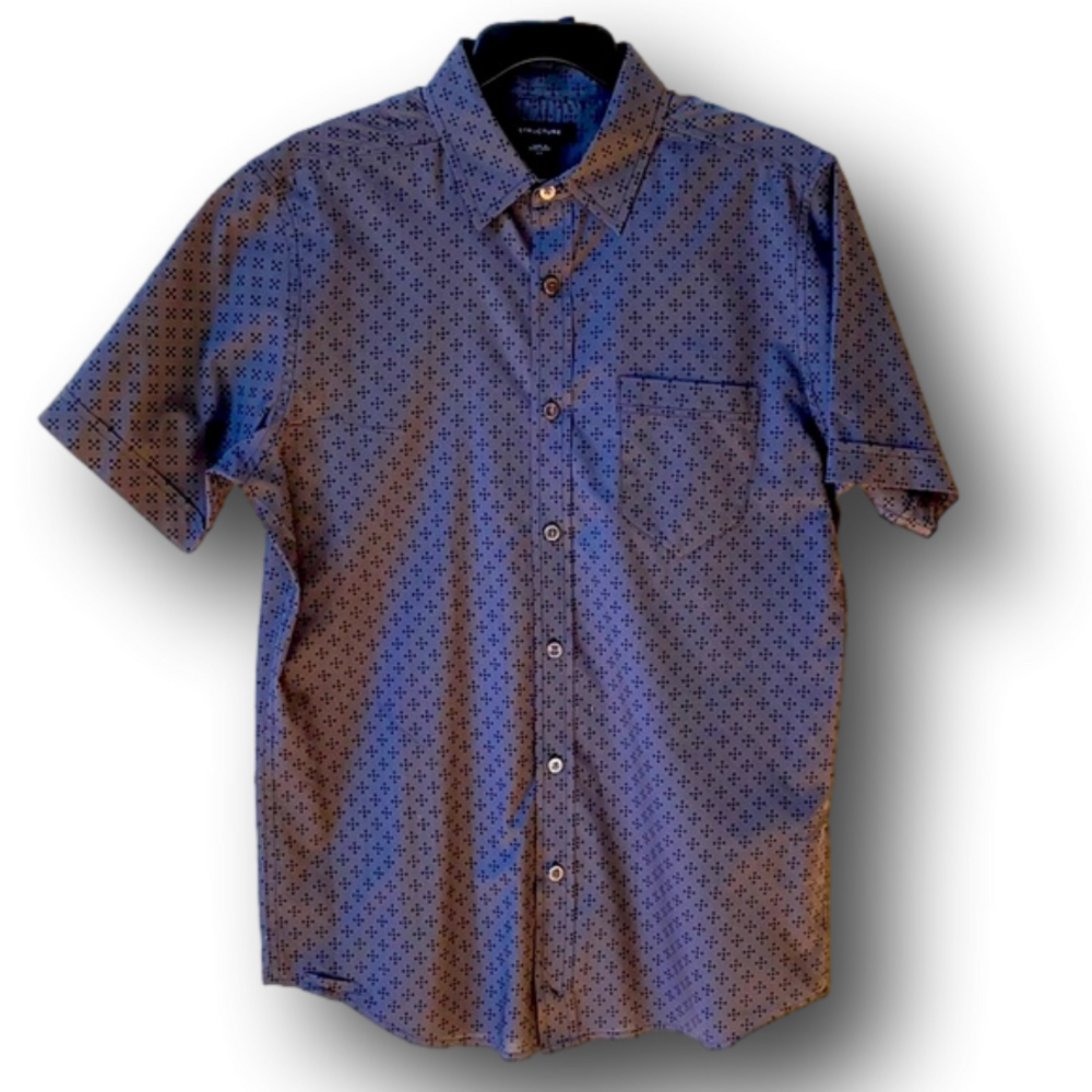 Mens Gray & Black Short Sleeve Button Down Diamond Pattern Shirt - Size Small